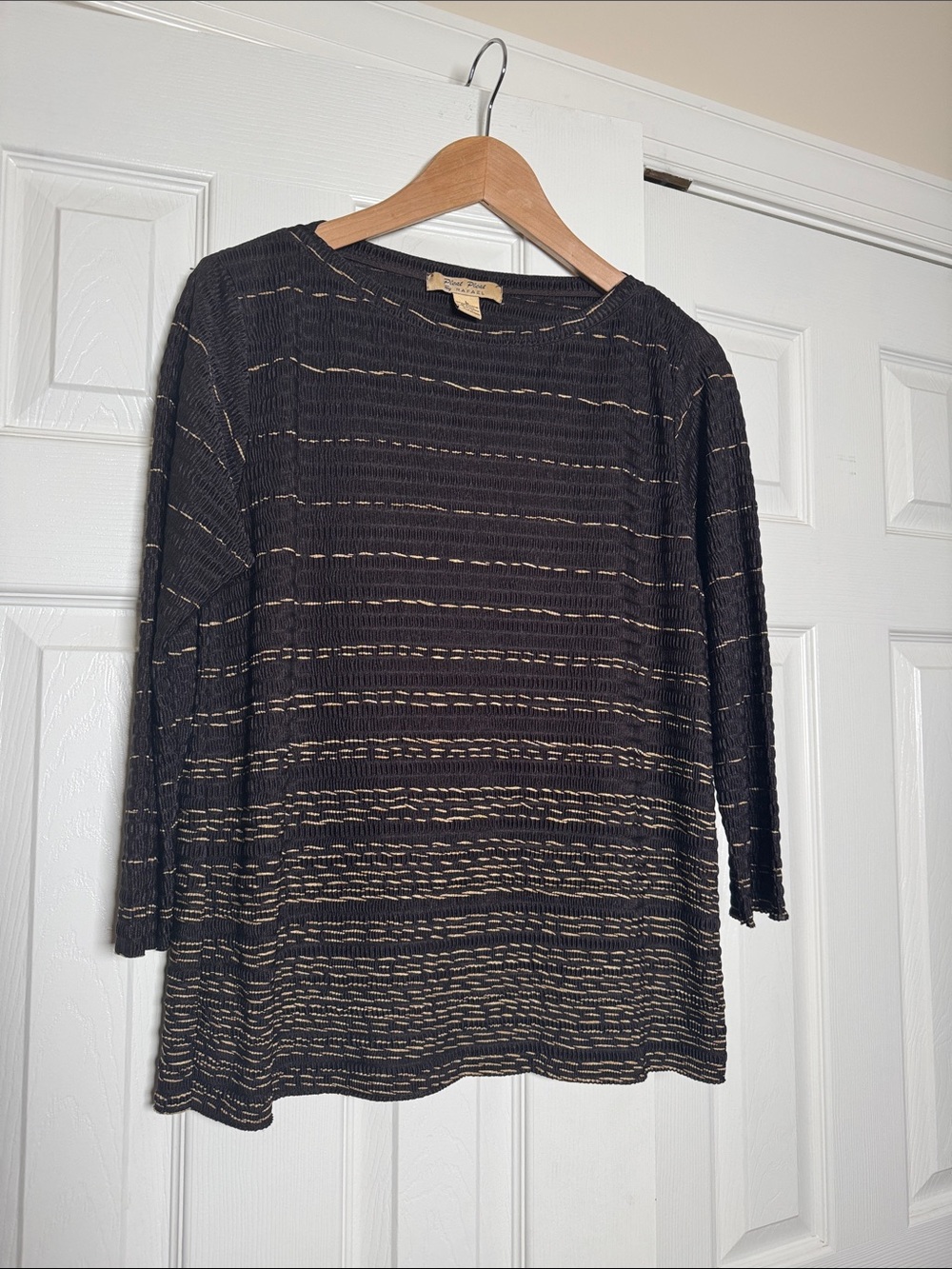 RAFAEL Pleated Y2K Knit Boat Neck Top Black Tan Textured Stripe Boho Chic Size L